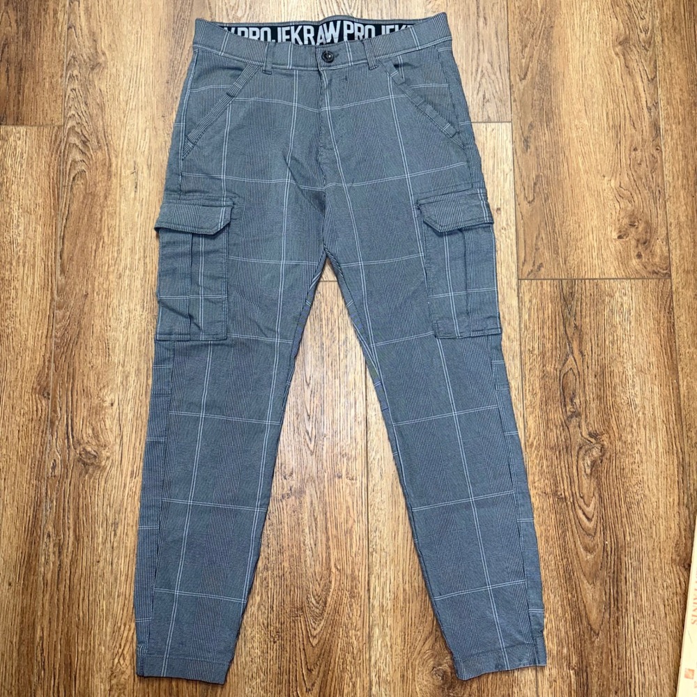 Projek Raw Mens Gray Glen Plaid Cargo Jogger Pants Size 32 Stretch Waist Utility